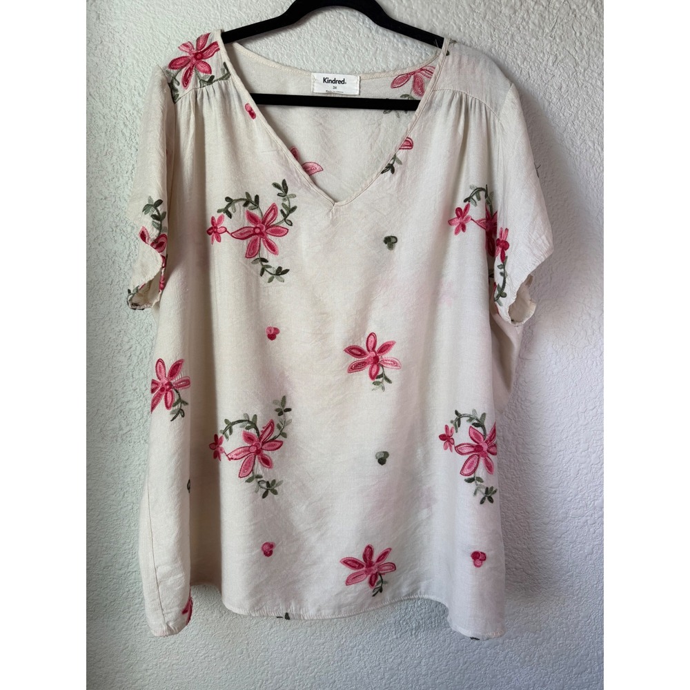 Anthropologie Kindred 3X Embroidered‎ Floral Blouse Boho Cottagecore Cream Top